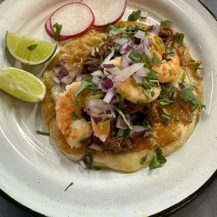 Birria &amp; shrimp taco w/cheese. Delicious :)