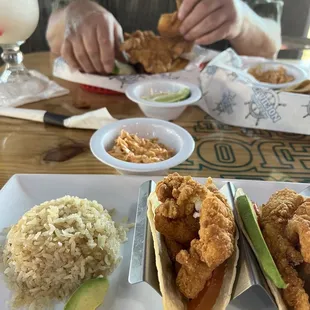 Fish tacos delish. Rice so tasty