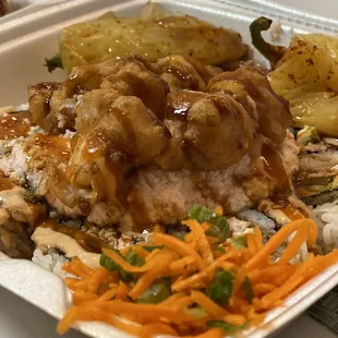 a meal in a styrofoam container