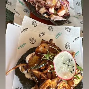 Macha Octopus Tostada, Shrimp Ceviche