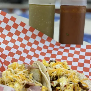 Breakfast tacos with homemade salsa!!  Muy Caliente