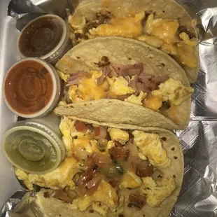 Breakfast tacos: A la Mexicana (front), ham(middle), chorizo(back)