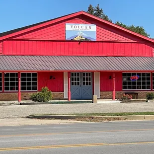 the front of a red building