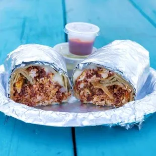 Breakfast burrito: refried beans, egg, cheese and the protein of your choice.