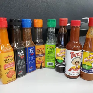 Bottled salsas available at each table