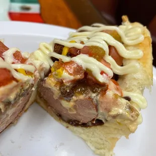 a half eaten hot dog