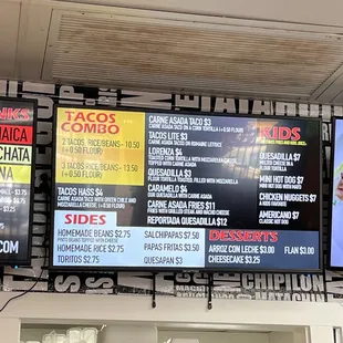 Taco menu, kid menu, desserts, sides