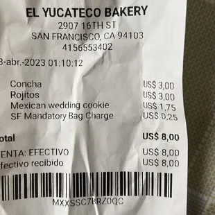 a receipt for a mexican bakery