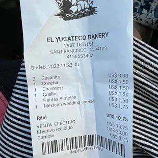 the receipt for the restaurant