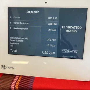 a menu on a tablet