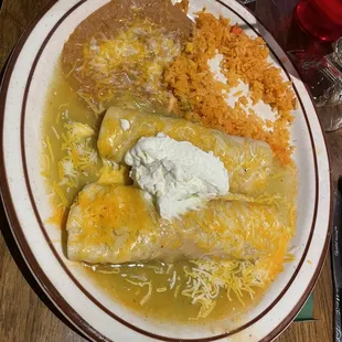 Enchiladas Suizas with Refried Beans and Mexican Rice