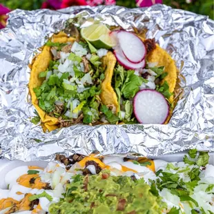 Carnitas traditional taco, Al pastor traditional taco, carne asada fries