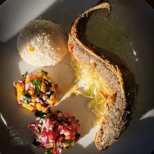 Mango salsa, Pico de Gallo, fried fish