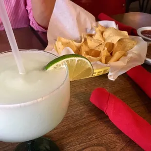 Frozen Margarita, chips, salsa/bean dip