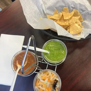 Chips and salsas *good portion of chips we just ate some beforehand*