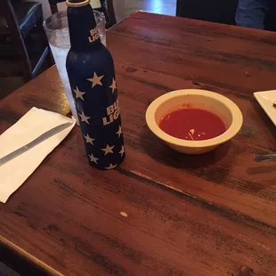 Cold beer, salsa, and cheese dip! Can't get better than that!