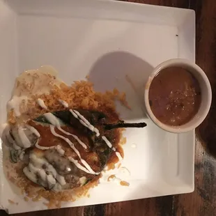 Pork chili relleno with borracho beans