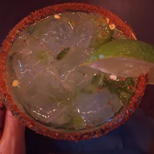 $10 original margarita with a spicy rim and jalapenos!