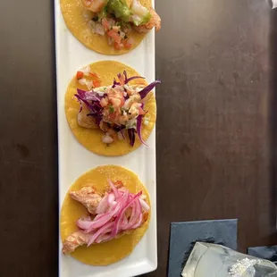 Shrimp, fish, and chicken tacos