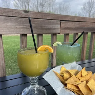 two drinks and chips