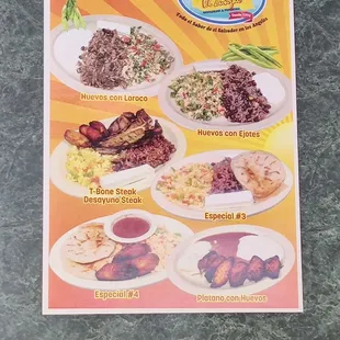 T-bone steak w/eggs&amp;beans , plantains w/eggs&amp;beans, 2 pupusas w/eggs&amp;plaintains. Eggs w/green beans and eggs w/loroco.