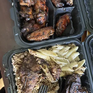 Jerk BBQ Chicken and Jerk Chicken, Rasta Pasta, Rice and Peas