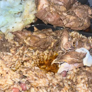 Brown-stew chicken, Rice and Peas and Steamed Cabbage