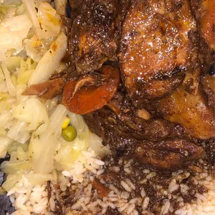 Brown Stew Chicken, rice and cabbage