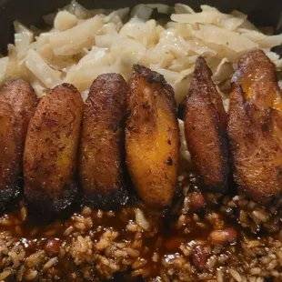 Veggie plate with plantains, cabbage, red beans and rice,  jerk BBQ sauce.