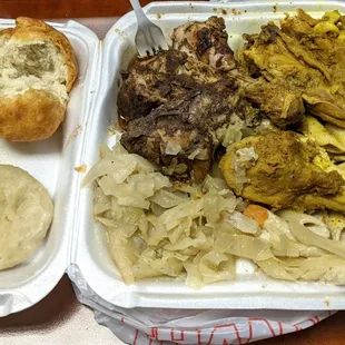 Jerk chicken &amp; curry chicken with rasta pasta and cabbage. Also pictured is a fried and a steamed dumpling.