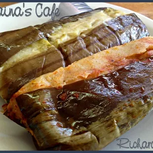 One chicken and one pork tamale. The chicken had more filling than the pork, but the pork had better flavor.