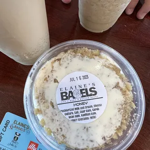 All for free! 2 large frozen Caramello, 8oz honey walnut cream cheese. I was given a $15 gift card when they opened.
