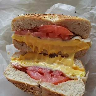 Egg, turkey, cheese and tomato on everything bagel