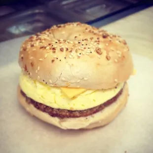 Sausage, egg, and American cheese, on an All star (everything) bagel!! Toasted per request :)