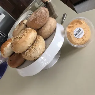 Try red pepper cream cheese with savory bagel, it's great!