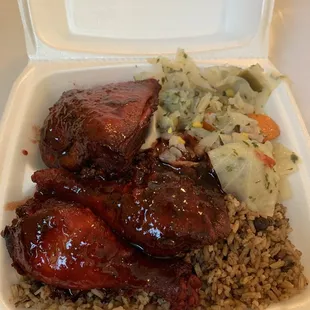 a meal in a styrofoam container