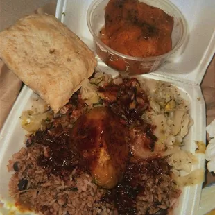 Cabbage, rice and peas, potato, Vegetable Patties, Yams