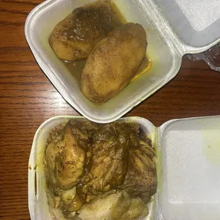 Curry Chicken, rice &amp; peas, cabbage, and a side of curry potatoes