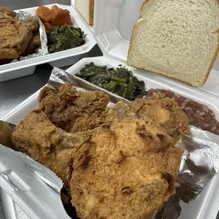 2 pork chop dinners 1w/greens and yams. 1w/greens and red beans&amp;rice