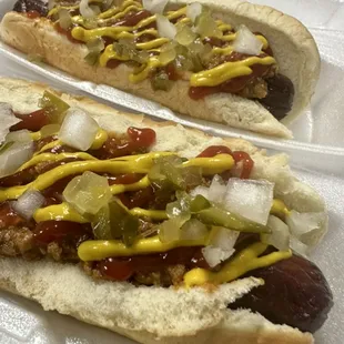 2 Coneys W/chilli ketchup, mustard, onions, and relish