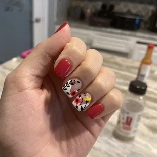 Full set with colored acrylic and freehand design.