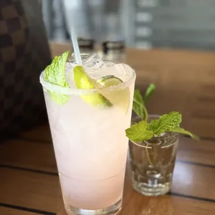 Lavender margarita on the rocks with my request of mint on the side. This is a double