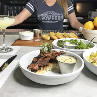 Steak Tips, Shishito Peppers, Calamari, Buratta Toast and the Tropic Thunder Cocktail