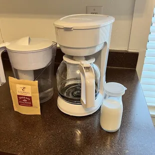Half and half (provided at check in) and a pitcher of filtered water already in the fridge for my morning coffee. Perfect!