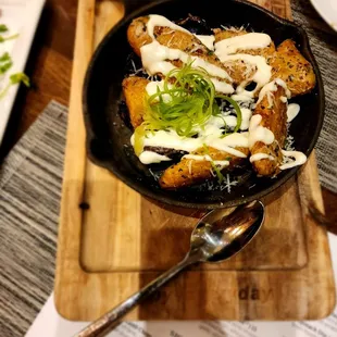 a skillet of food