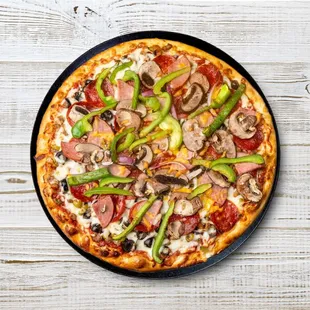 Packed with pepperoni, beef, sausage, mushrooms, green peppers, black olives, onions, and melted mozzarella cheese, it's a flavor explosion