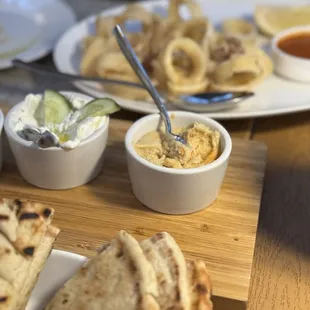 Hummus, Taziki, Fried Calamari