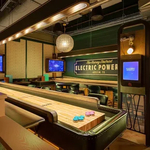 the interior of a bowling alley