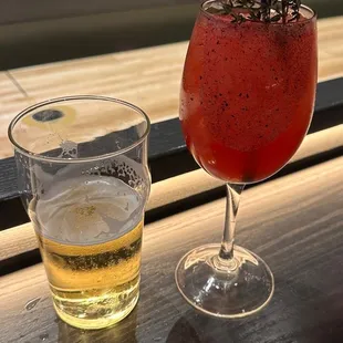 a glass of beer and a glass of lemonade