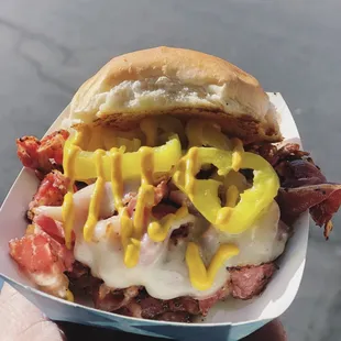 a hand holding a sandwich